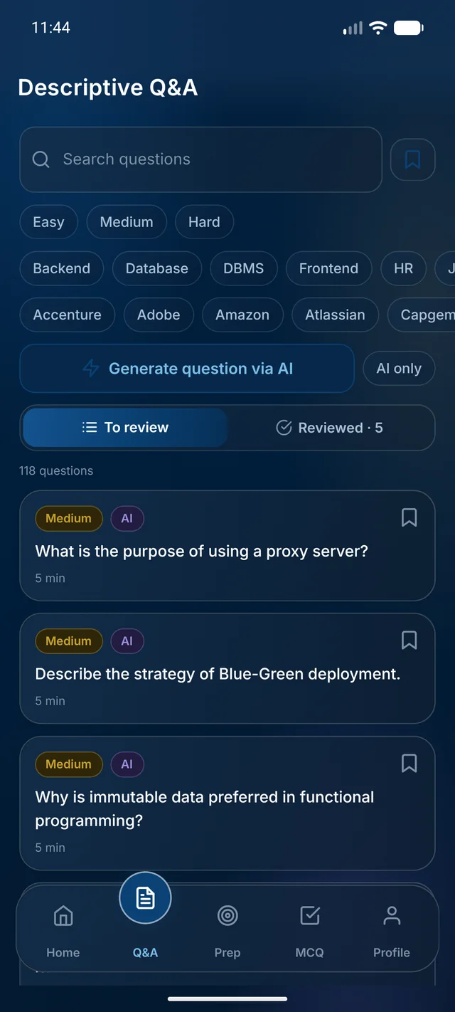 The descriptive question bank in dark mode: a search field, difficulty and company filters, and a list of questions each tagged with a difficulty and marked as AI generated.