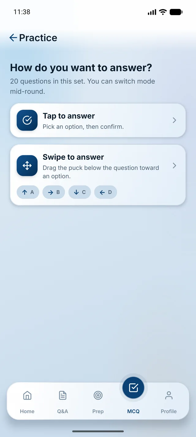 The answering mode screen: tap to answer, which picks an option and confirms it, or swipe to answer, which drags a puck toward one of four directions.