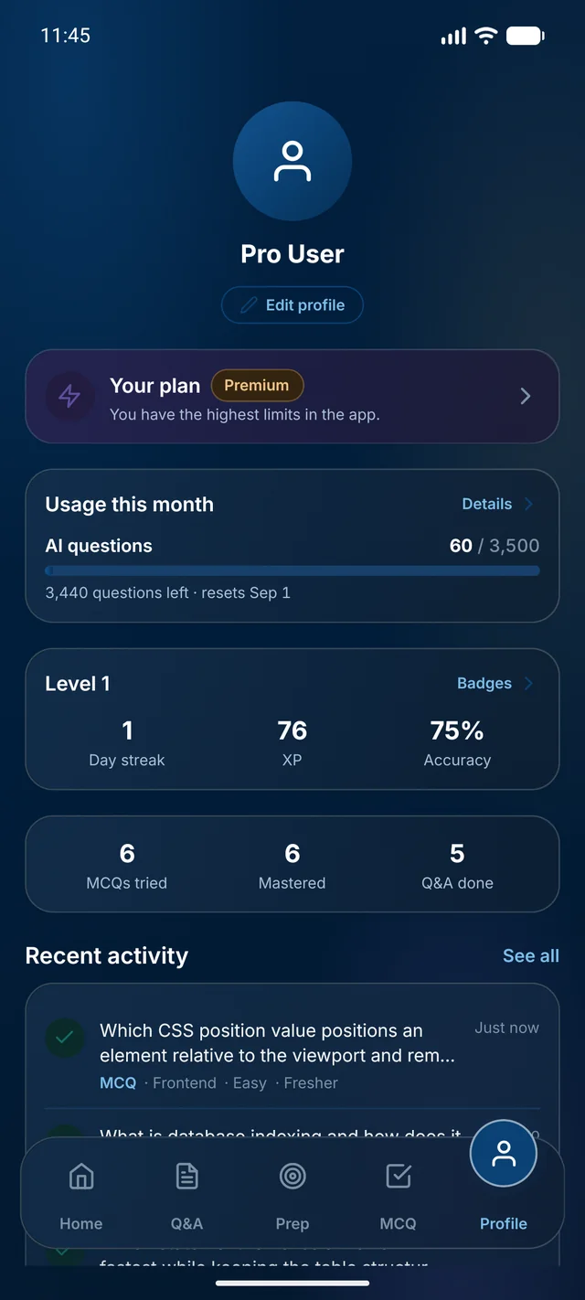 The profile screen in dark mode: the current plan, AI questions used against the monthly limit, level and streak, and counts of questions tried, mastered and written.