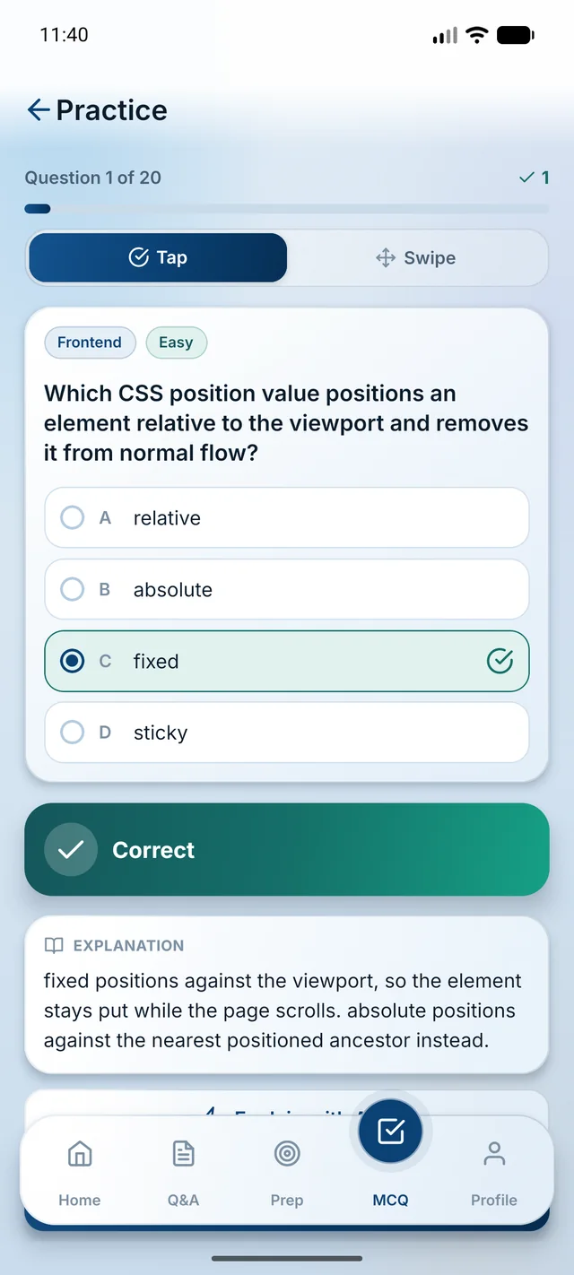 A multiple choice question answered in the app: option C selected and marked correct, with an explanation of why fixed positions against the viewport while absolute positions against the nearest positioned ancestor.